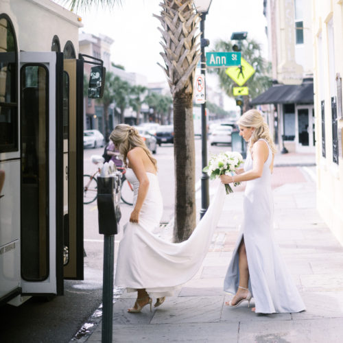 bride getting on trolley